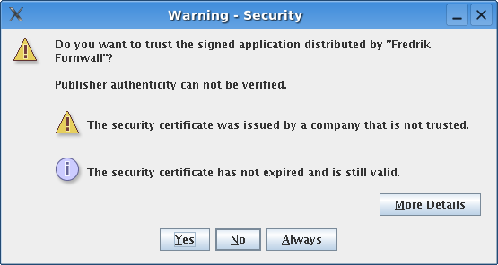 Java Web Start warning window